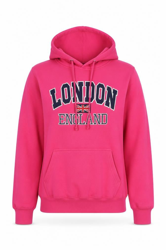 Front view of Zone One women’s pink cotton pullover hoodie, size XS, pullover - london