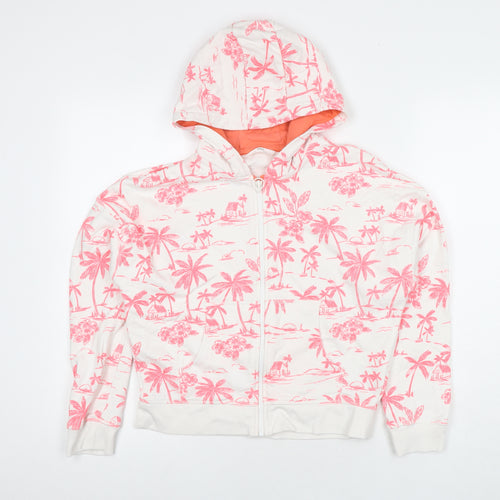 Marks and Spencer Girls White Floral Cotton Full Zip Hoodie Size 12-13 Years Zip
