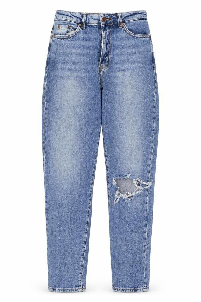 Front view of New Look women’s blue polyester blend mom jeans, size UK 8, 29-inch leg regular zip