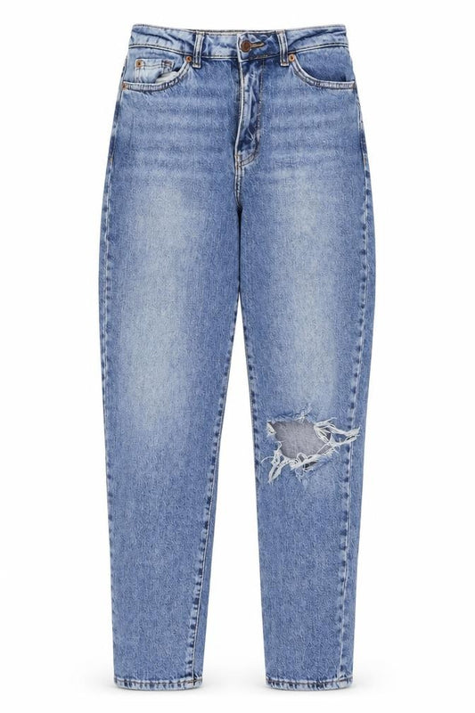 Front view of New Look women’s blue polyester blend mom jeans, size UK 8, 29-inch leg regular zip
