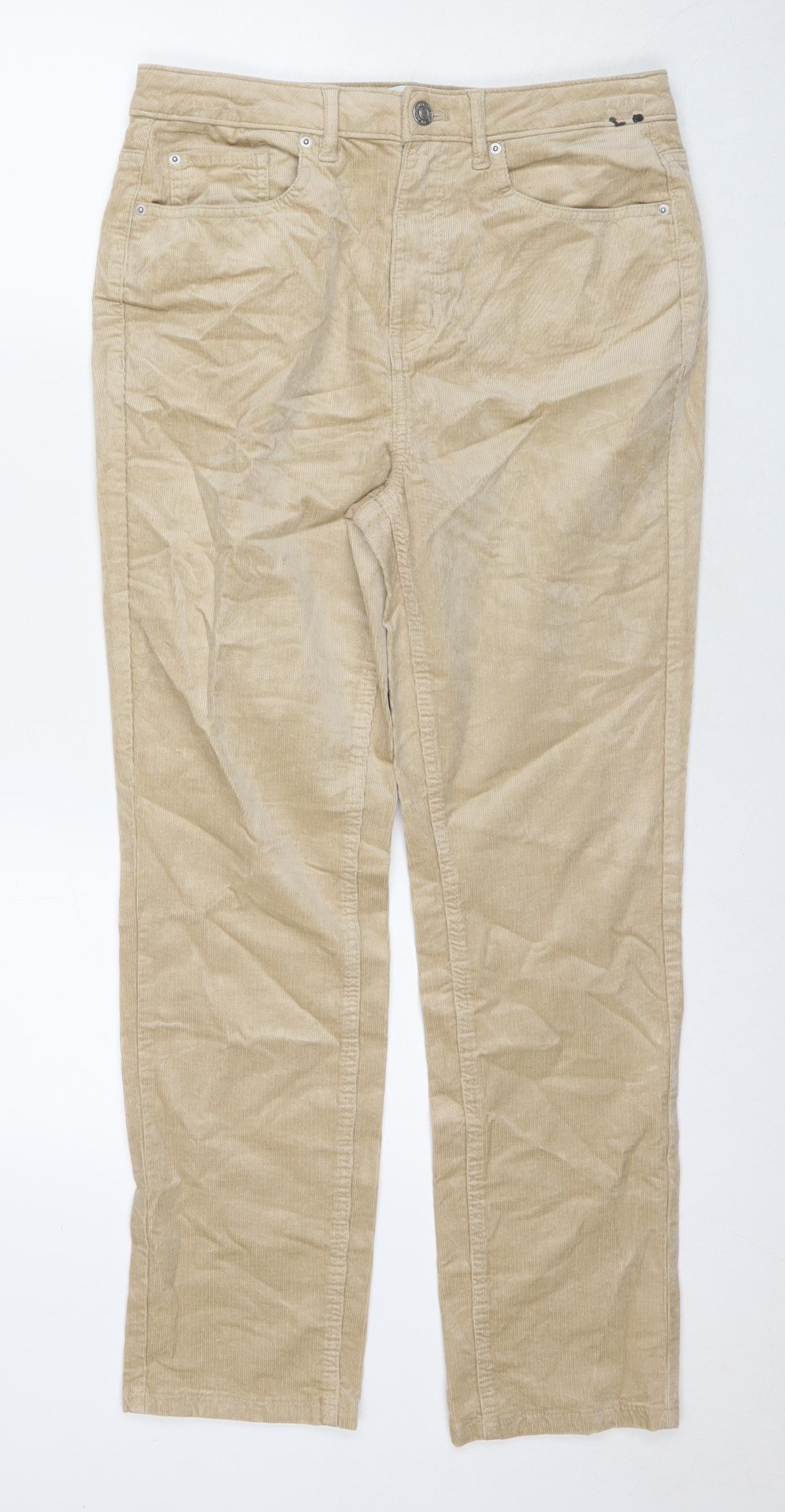 Marks and Spencer Womens Beige Cotton Blend Trousers Size 12 L27 in Regular Zip