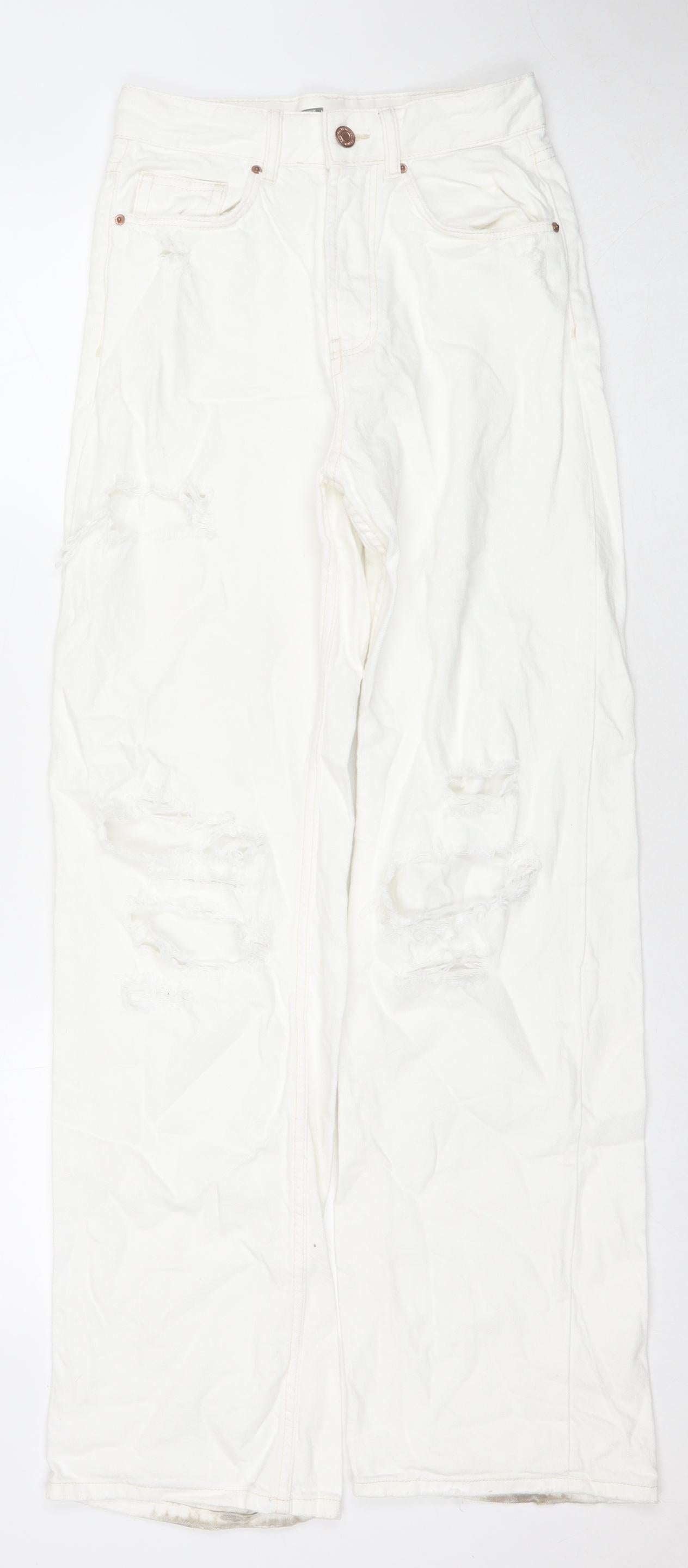 Bershka Womens White Cotton Wide-Leg Jeans Size 6 L31 in Regular Zip