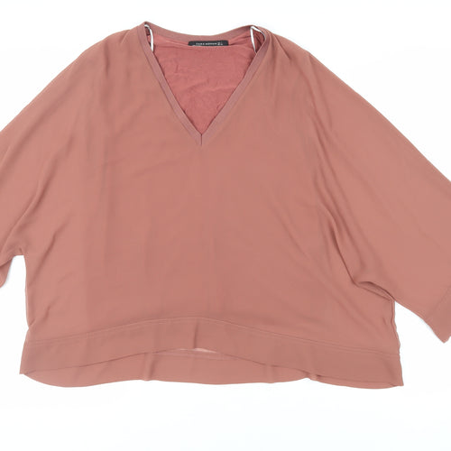Zara Womens Brown Polyester Basic Blouse Size L V-Neck - Oversized