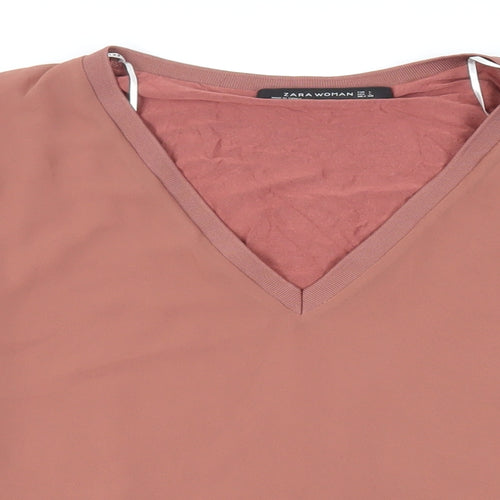 Zara Womens Brown Polyester Basic Blouse Size L V-Neck - Oversized
