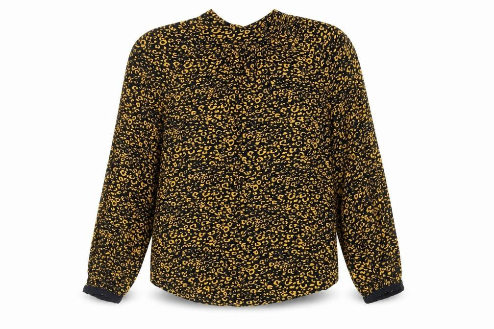 Front view of Marks & Spencer women’s black animal print viscose basic blouse, size UK 10, mock neck