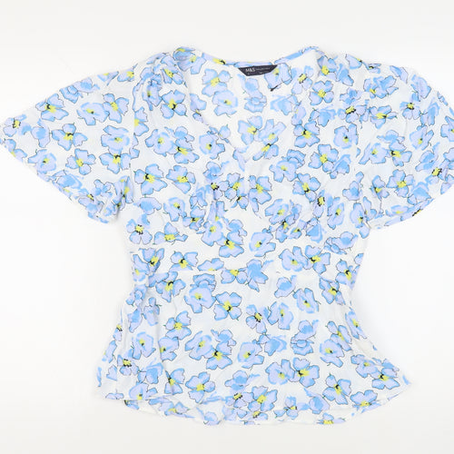 Marks and Spencer Womens White Floral Viscose Basic Blouse Size 10 V-Neck