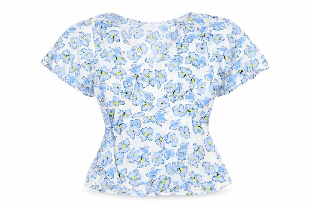 Front view of Marks & Spencer women’s white floral viscose basic blouse, size UK 10, v-neck