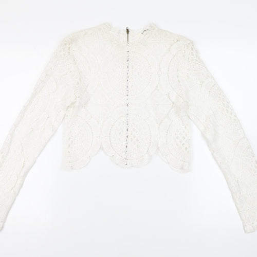 Glamorous Womens White Cotton Cropped Blouse Size 10 Mock Neck