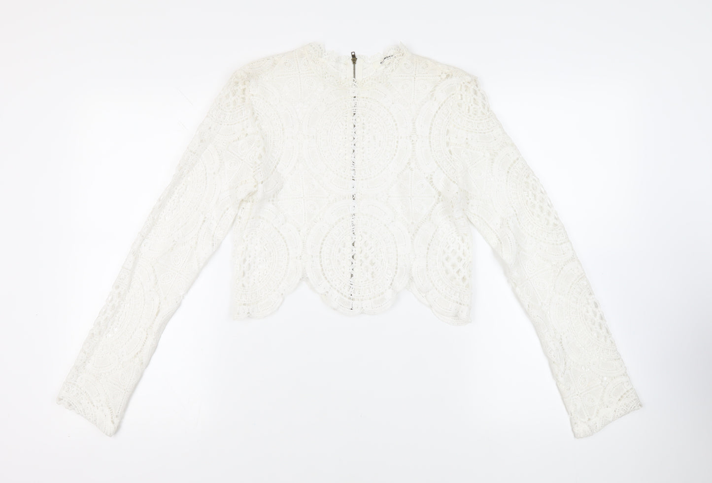 Glamorous Womens White Cotton Cropped Blouse Size 10 Mock Neck
