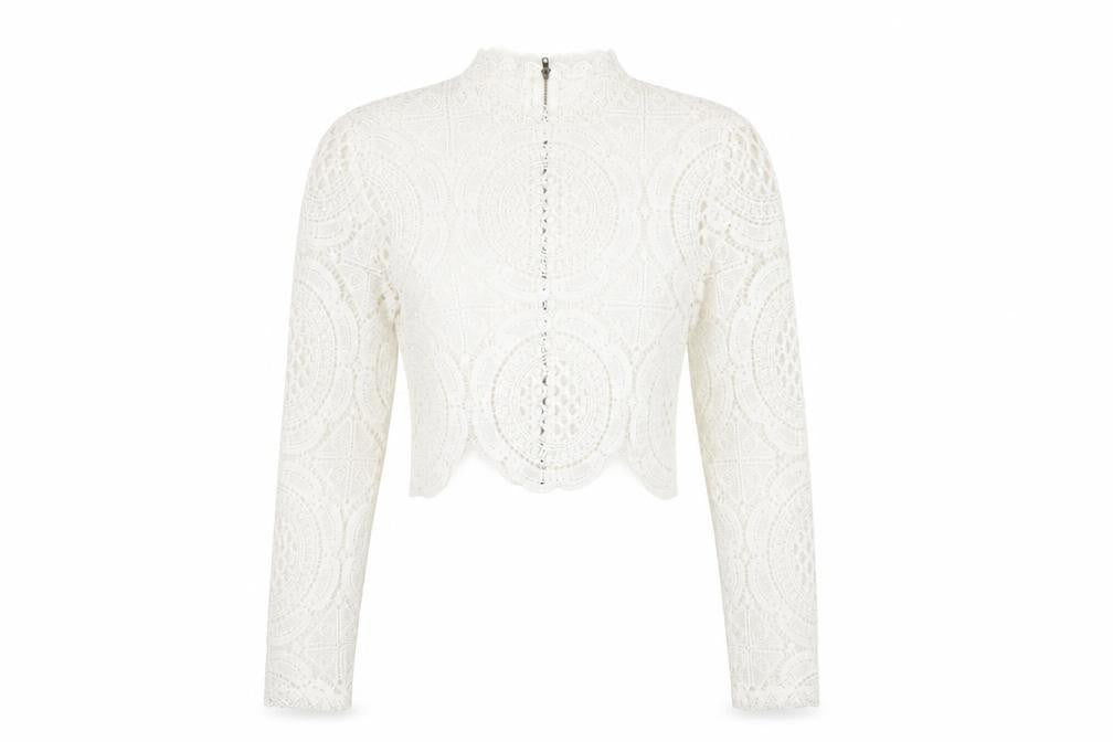 Front view of Glamorous women’s white cotton cropped blouse, size UK 10, mock neck