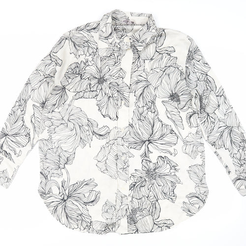 H&M` Womens Ivory Floral Polyester Basic Button-Up Size M Collared