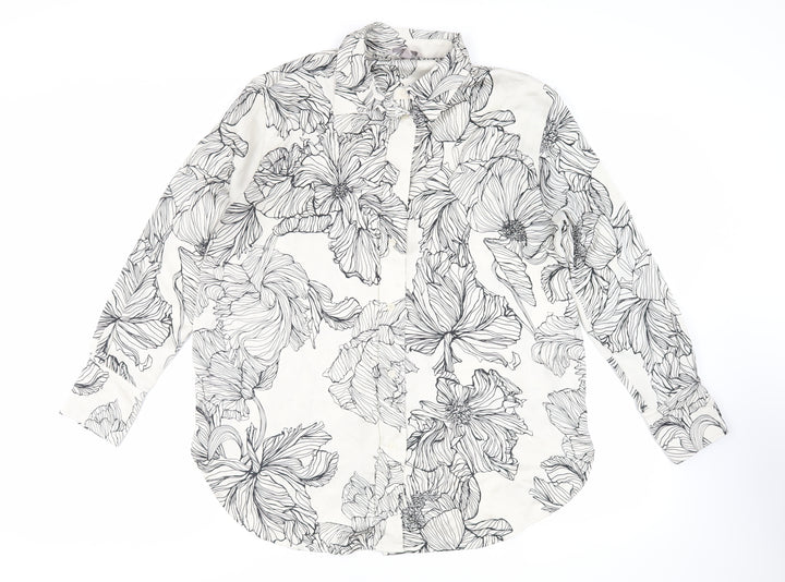 H&M` Womens Ivory Floral Polyester Basic Button-Up Size M Collared