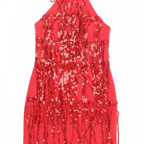 PRETTYLITTLETHING Womens Red Polyester Bodycon Size 10 Halter Button - Sequins
