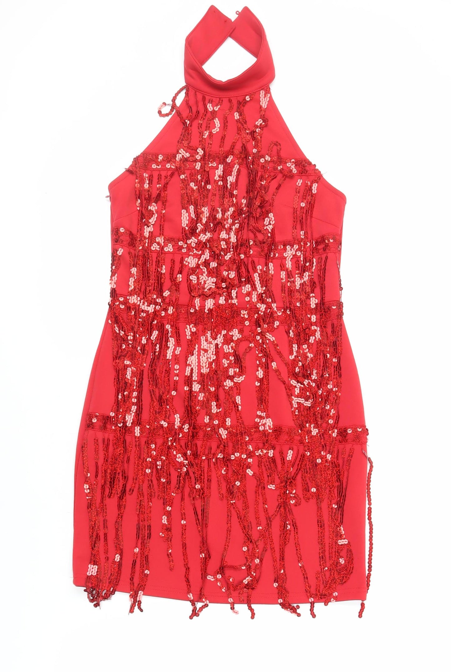 PRETTYLITTLETHING Womens Red Polyester Bodycon Size 10 Halter Button - Sequins