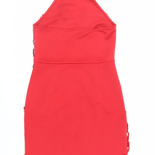PRETTYLITTLETHING Womens Red Polyester Bodycon Size 10 Halter Button - Sequins