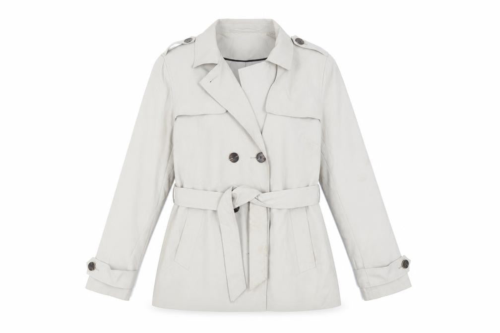 Front view of Marks & Spencer women’s beige pea coat coat, size UK 14, button - belted