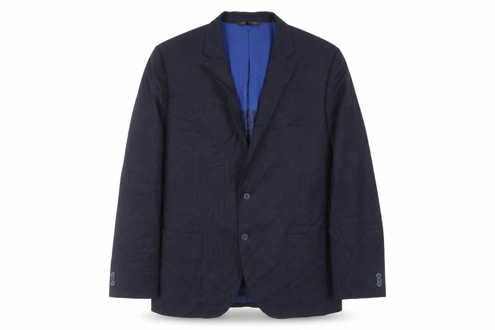 Front view of Marks & Spencer men’s blue polyester jacket suit jacket, size 46, regular