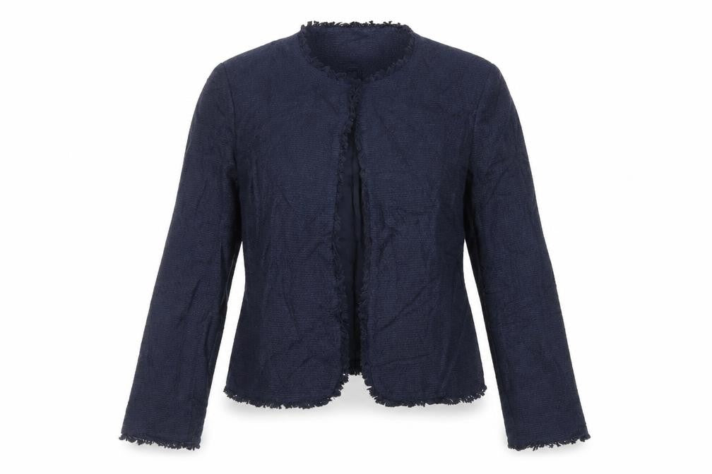 Front view of Marks & Spencer women’s blue jacket blazer, size UK 12, hook & eye