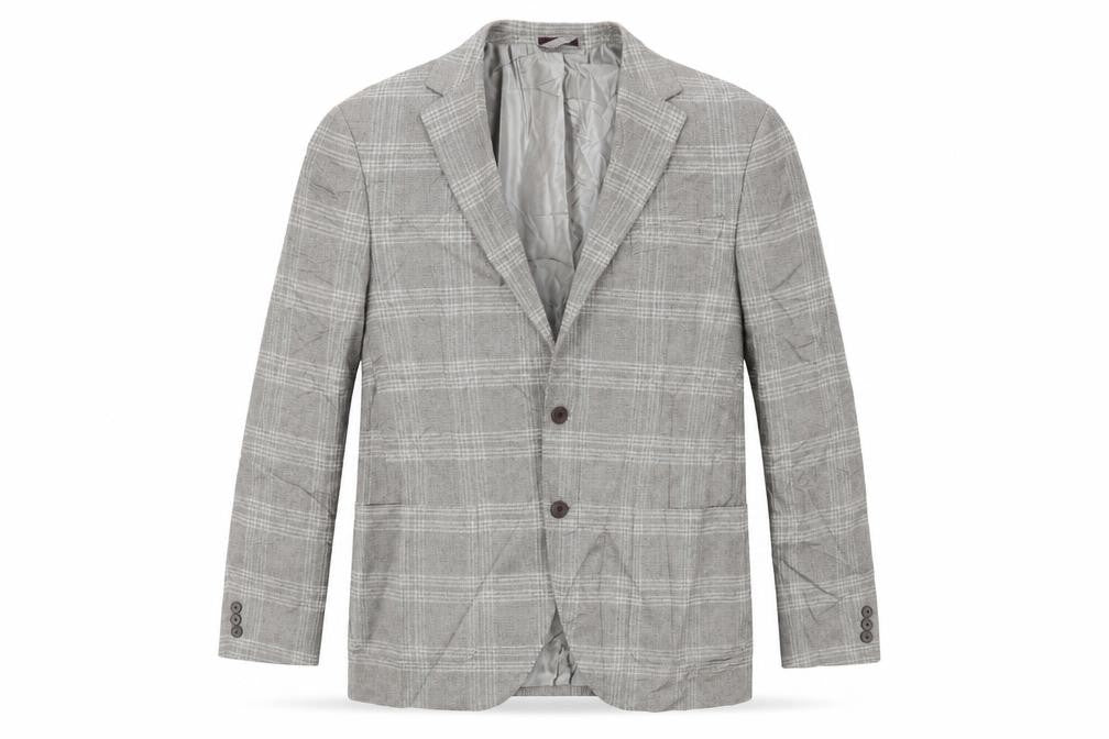 Front view of Marks & Spencer men’s beige plaid cotton jacket suit jacket, size 42, regular
