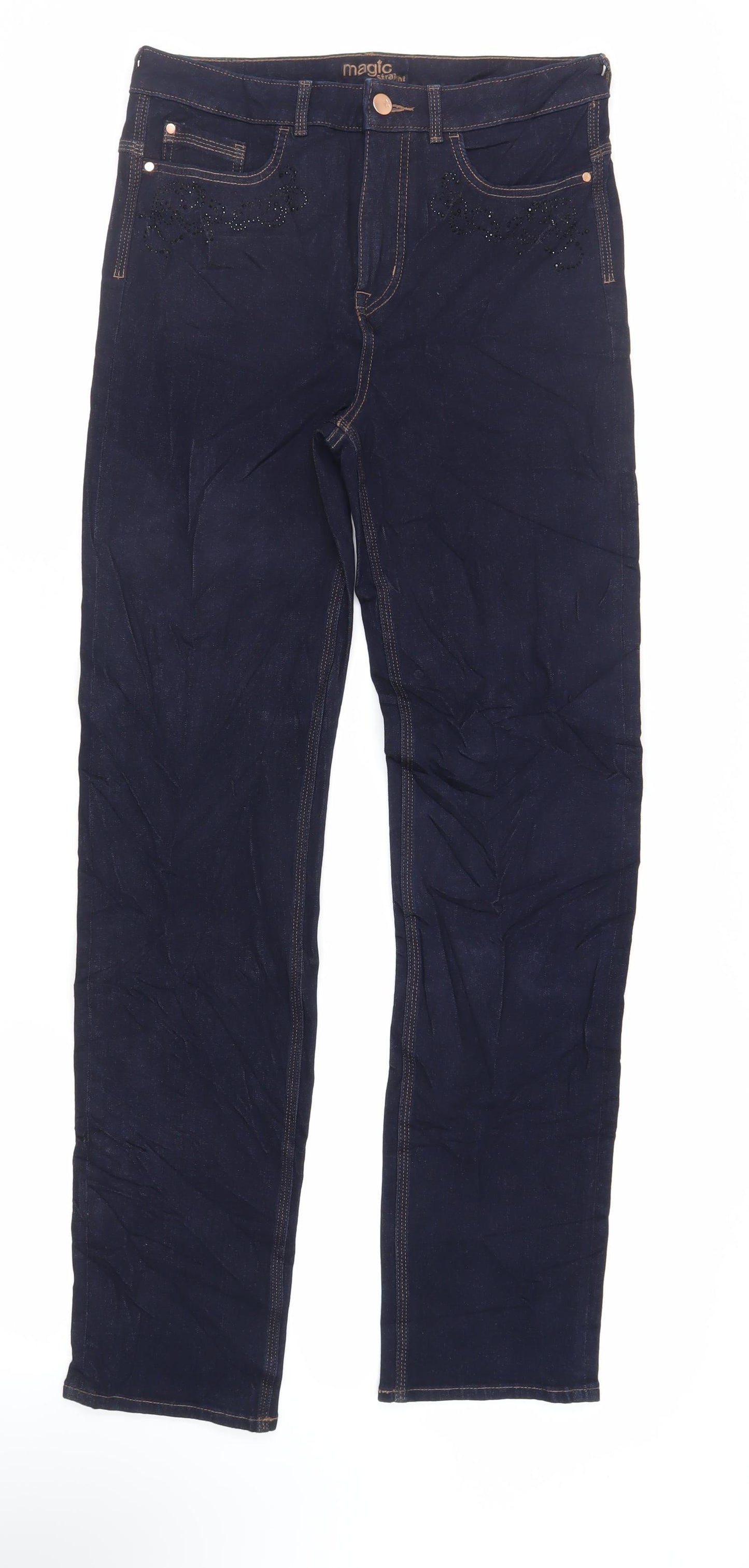 Marks and Spencer Womens Blue Cotton Straight Jeans Size 12 L33 in Regular Zip - Embellished Pockets