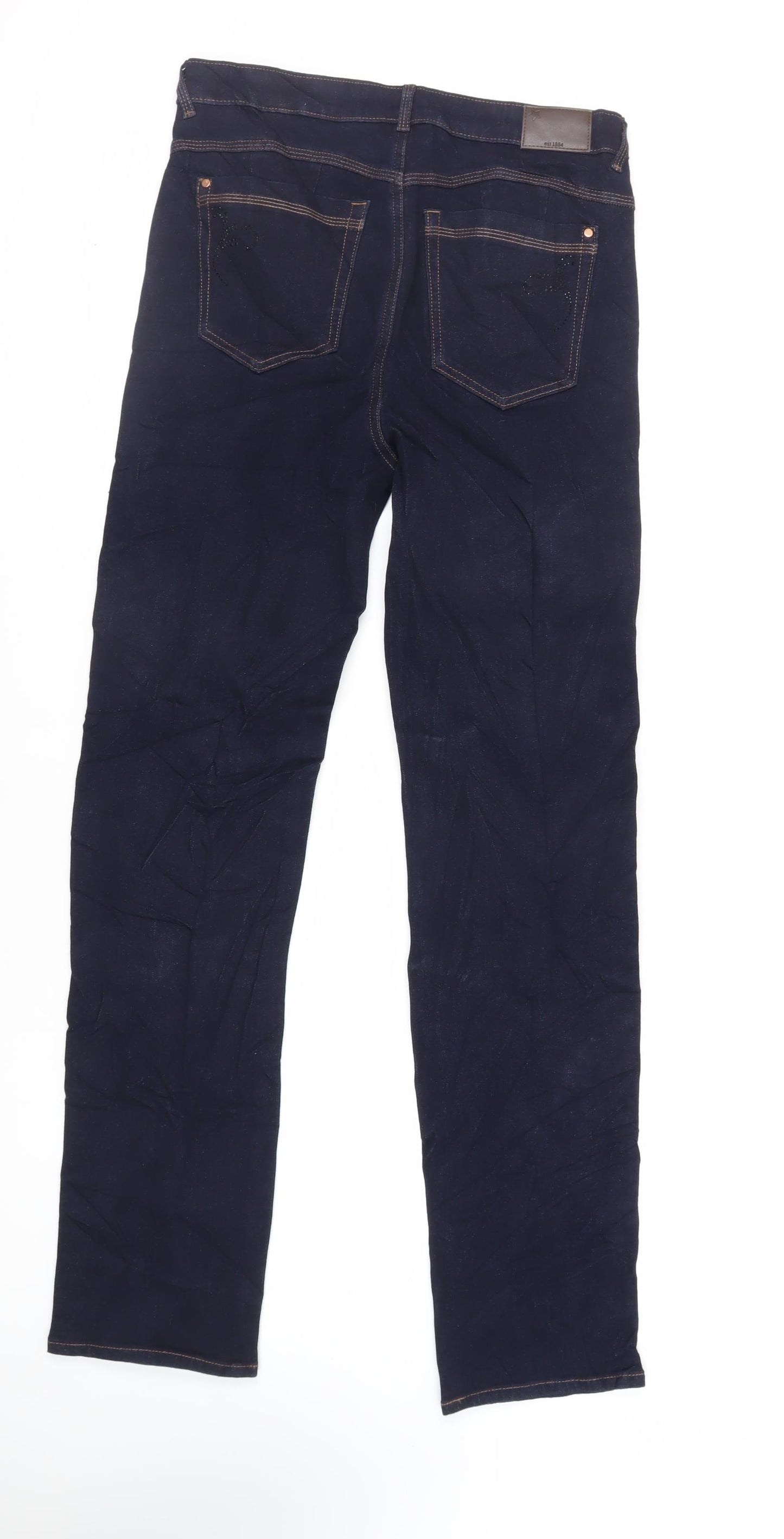 Marks and Spencer Womens Blue Cotton Straight Jeans Size 12 L33 in Regular Zip - Embellished Pockets