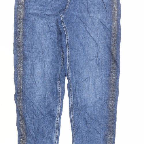 Marks and Spencer Womens Blue Cotton Mom Jeans Size 6 L27 in Regular Zip - Glitter Side Stripe