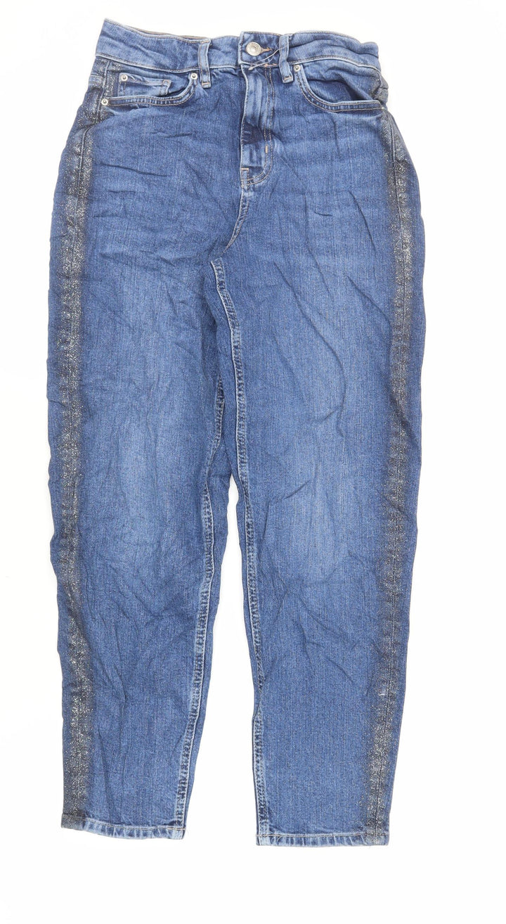 Marks and Spencer Womens Blue Cotton Mom Jeans Size 6 L27 in Regular Zip - Glitter Side Stripe