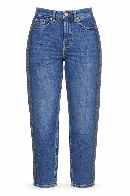 Front view of Marks & Spencer women’s blue cotton mom jeans, size UK 6, 27-inch leg regular zip - glitter side stripe