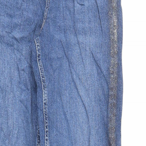 Marks and Spencer Womens Blue Cotton Mom Jeans Size 6 L27 in Regular Zip - Glitter Side Stripe