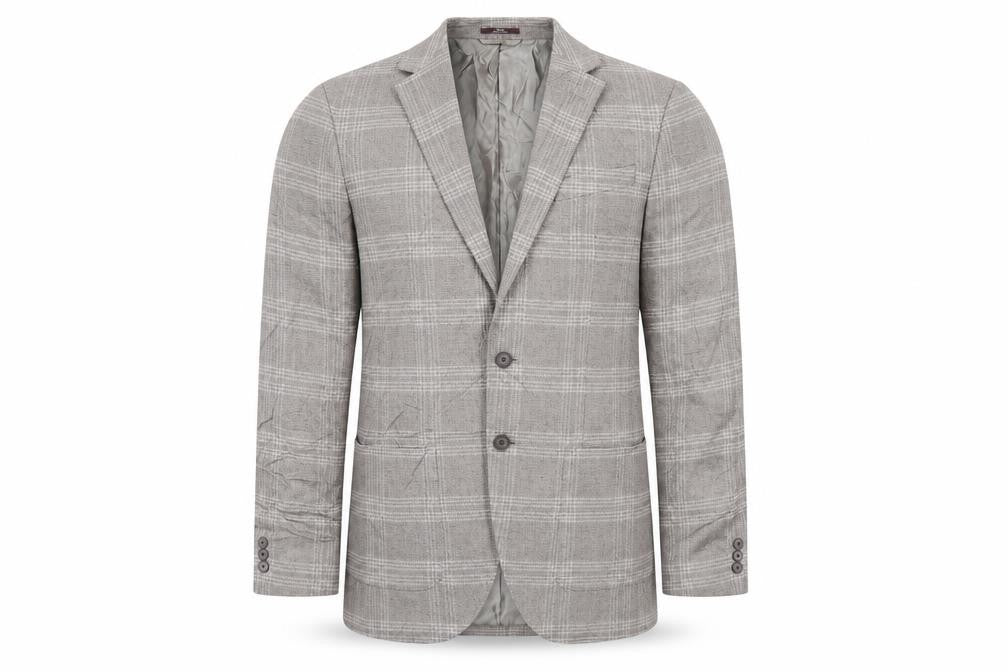 Front view of Marks & Spencer men’s beige plaid cotton jacket blazer, size 38, regular