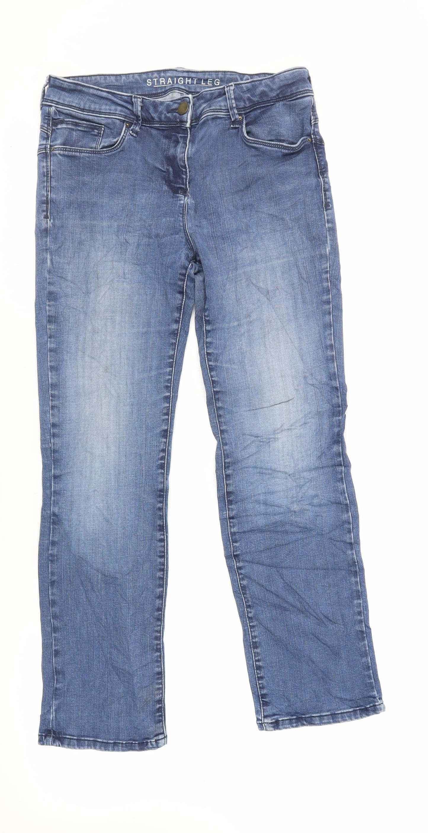 Marks and Spencer Womens Blue Cotton Straight Jeans Size 14 L28 in Regular Zip
