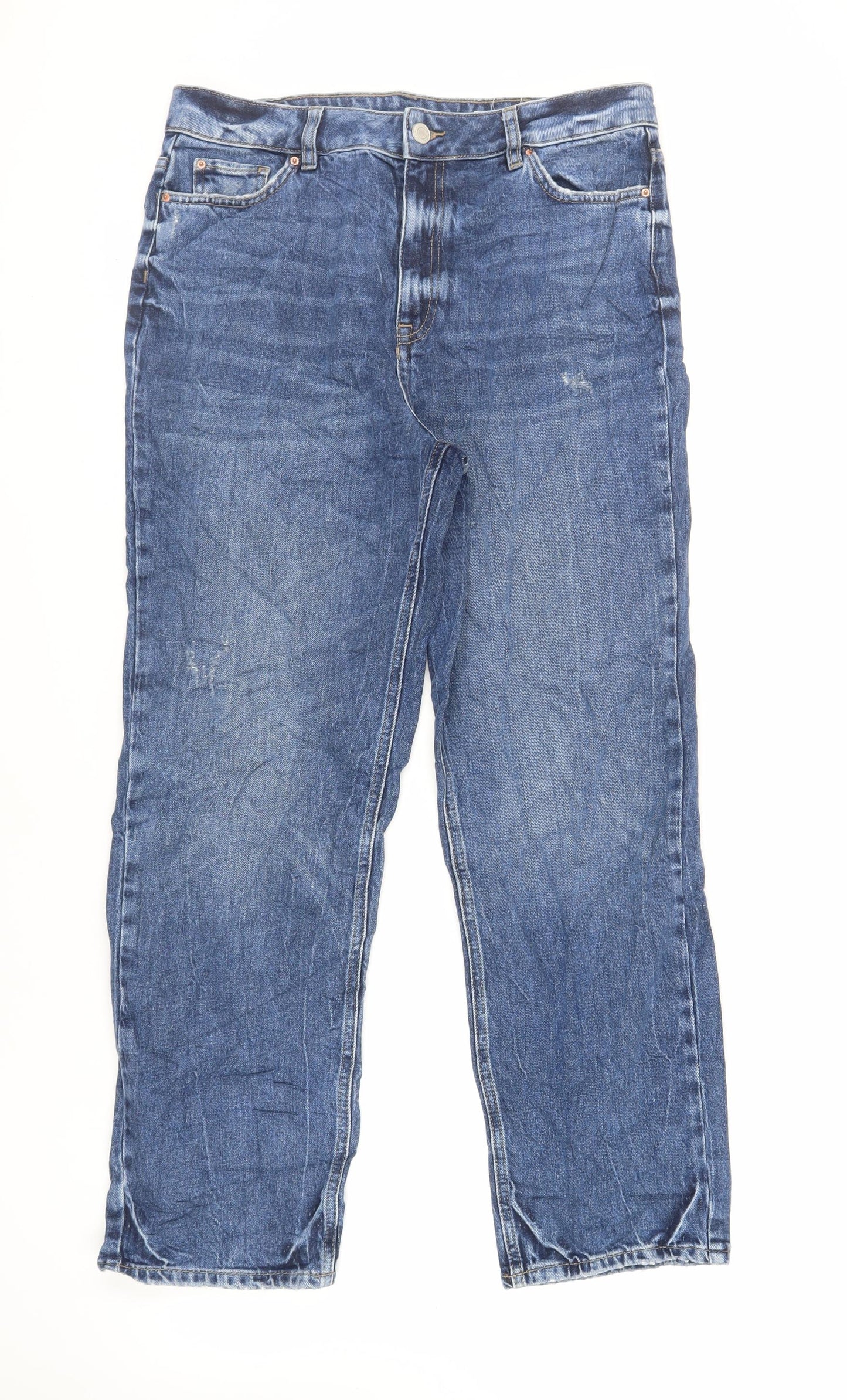 Marks and Spencer Womens Blue Cotton Straight Jeans Size 14 L28 in Regular Zip
