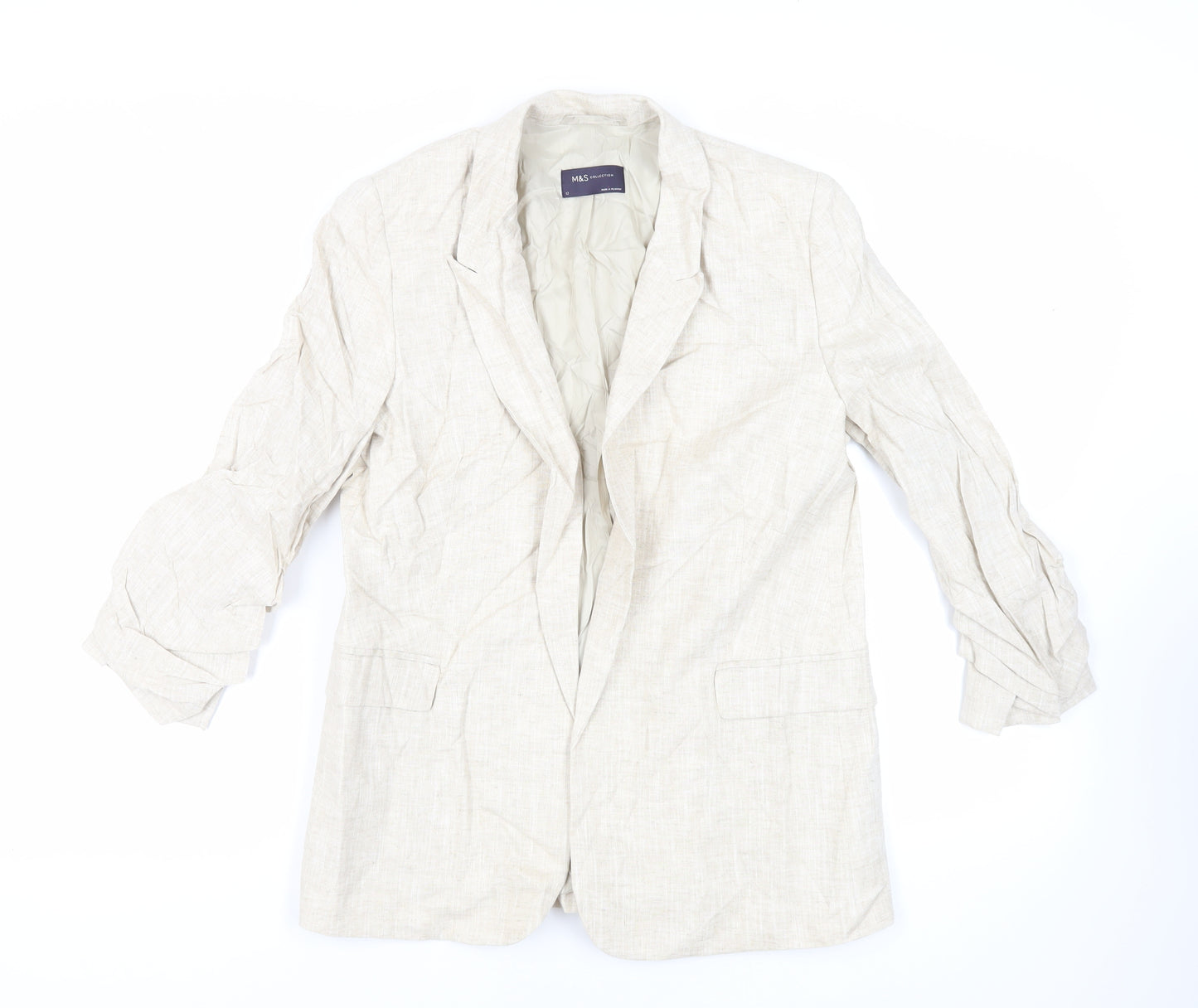 Marks and Spencer Womens Beige Jacket Blazer Size 12 - Open Ruched Sleeve