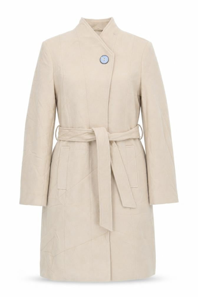 Front view of Marks & Spencer women’s beige overcoat coat, size UK 14, button - belted