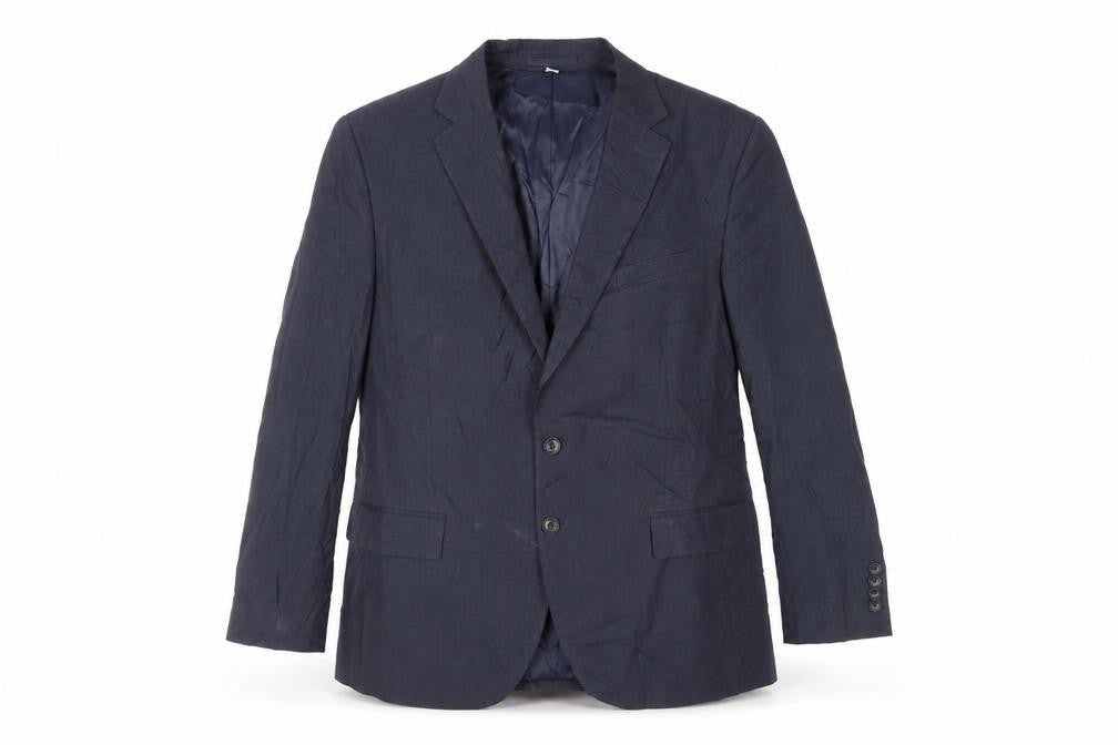 Front view of Marks & Spencer men’s blue polyester jacket suit jacket, size 44, regular