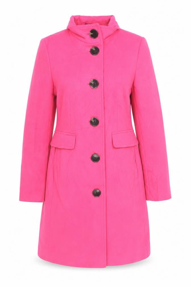 Front view of Marks & Spencer women’s pink overcoat coat, size UK 8, button