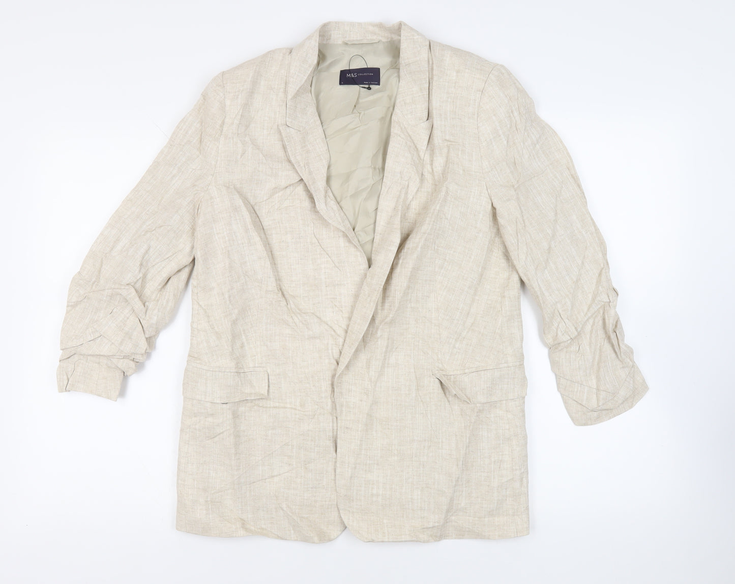 Marks and Spencer Womens Beige Jacket Blazer Size 12 - Open Ruched Sleeve