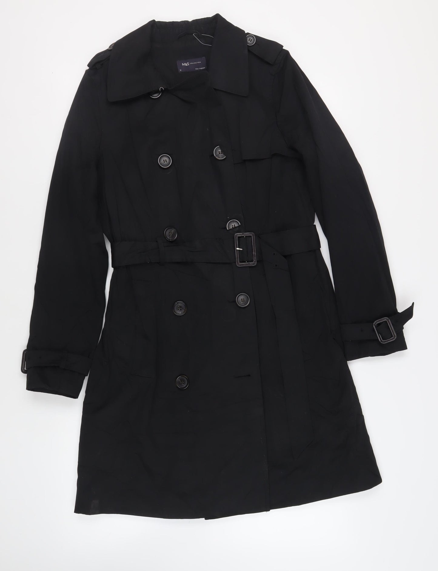 Marks and Spencer Womens Black Trench Coat Coat Size 14 Button - Belted