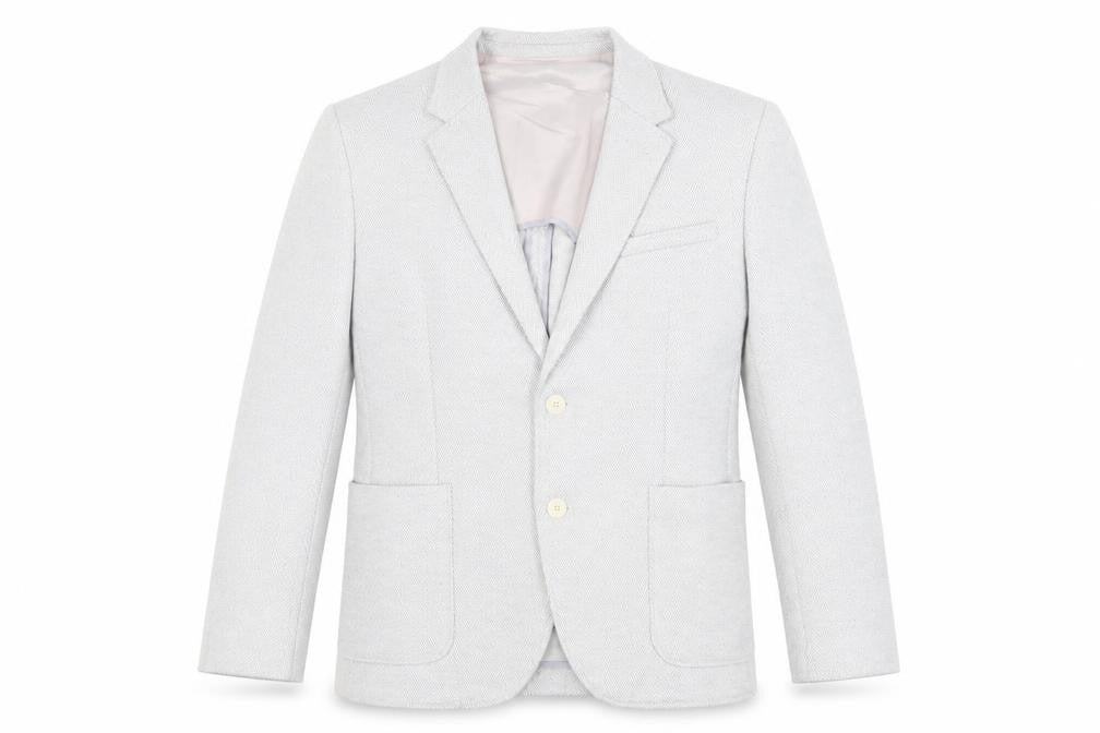 Front view of Marks & Spencer men’s grey herringbone polyester jacket blazer, size 42, regular