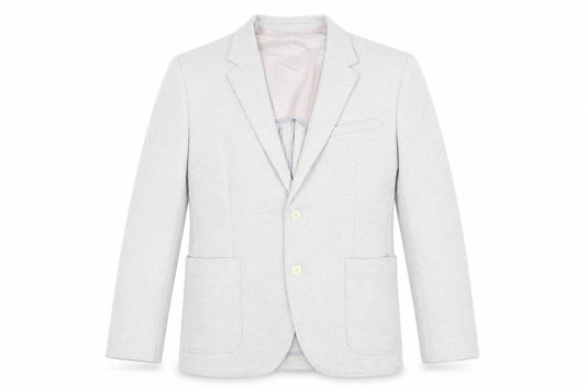 Front view of Marks & Spencer men’s grey herringbone polyester jacket blazer, size 42, regular
