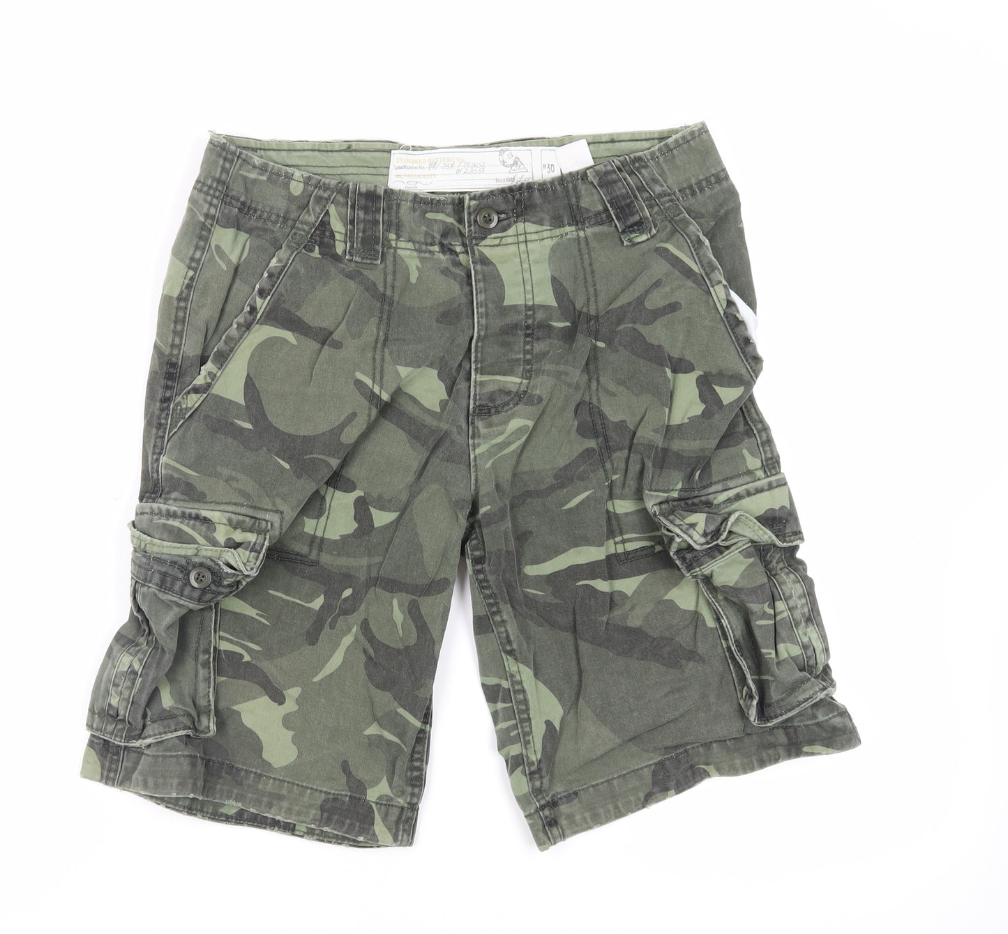 New Look Mens Green Camouflage Cotton Cargo Shorts Size 30 in L11 in Regular Zip