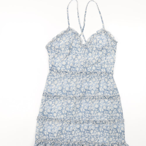 Parisian Womens Blue Floral Polyester A-Line Size 12 V-Neck Zip