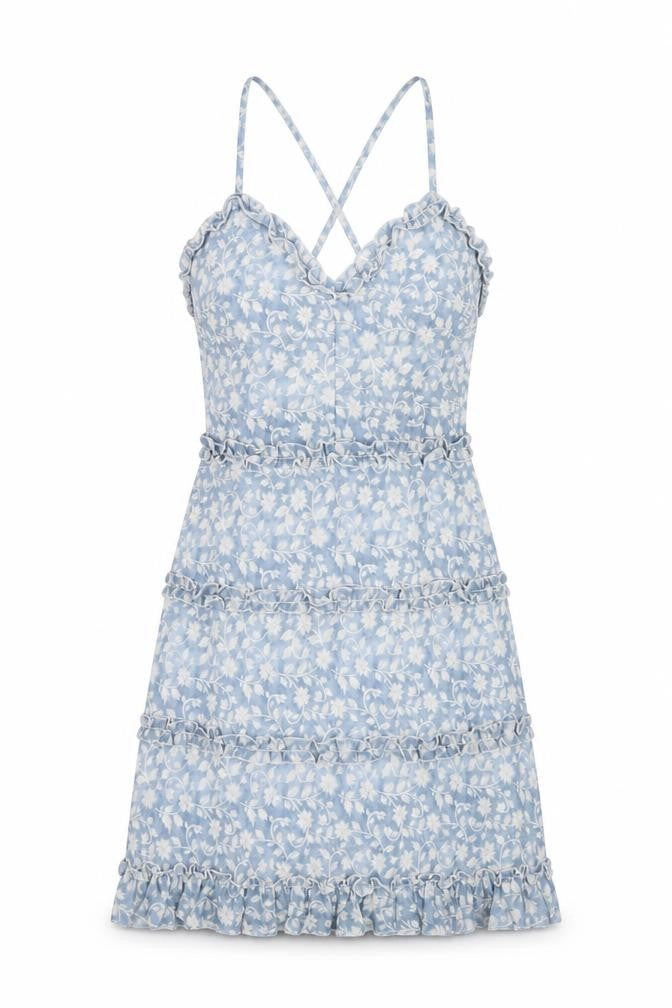 Front view of Parisian women’s blue floral polyester a-line, size UK 12, v-neck zip