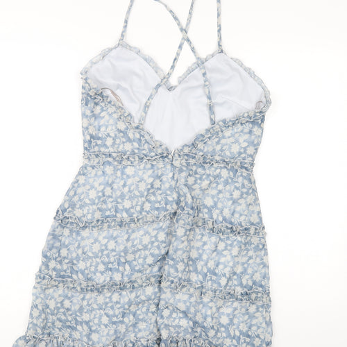 Parisian Womens Blue Floral Polyester A-Line Size 12 V-Neck Zip
