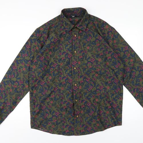 Cotton Traders Mens Green Floral Polyester Button-Up Size M Collared Button