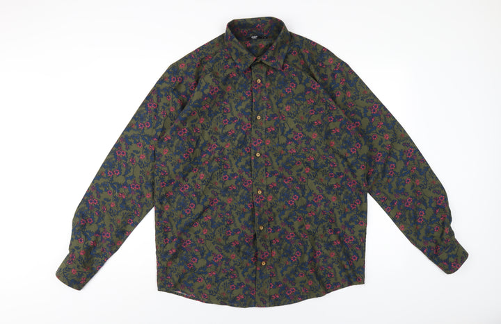 Cotton Traders Mens Green Floral Polyester Button-Up Size M Collared Button