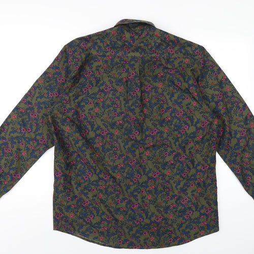 Cotton Traders Mens Green Floral Polyester Button-Up Size M Collared Button