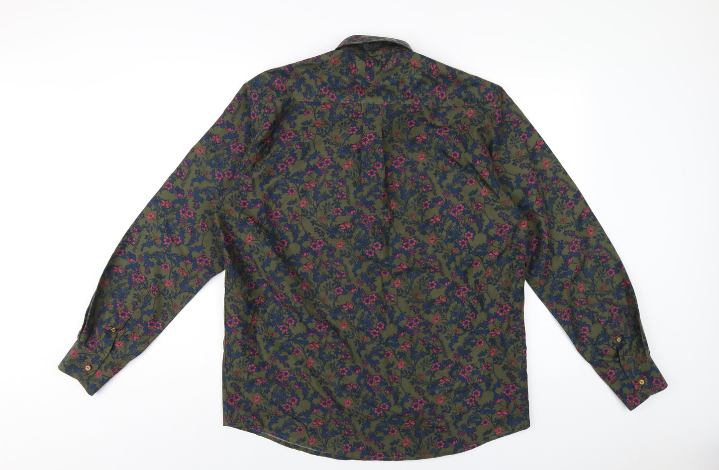 Cotton Traders Mens Green Floral Polyester Button-Up Size M Collared Button