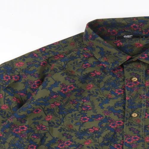 Cotton Traders Mens Green Floral Polyester Button-Up Size M Collared Button
