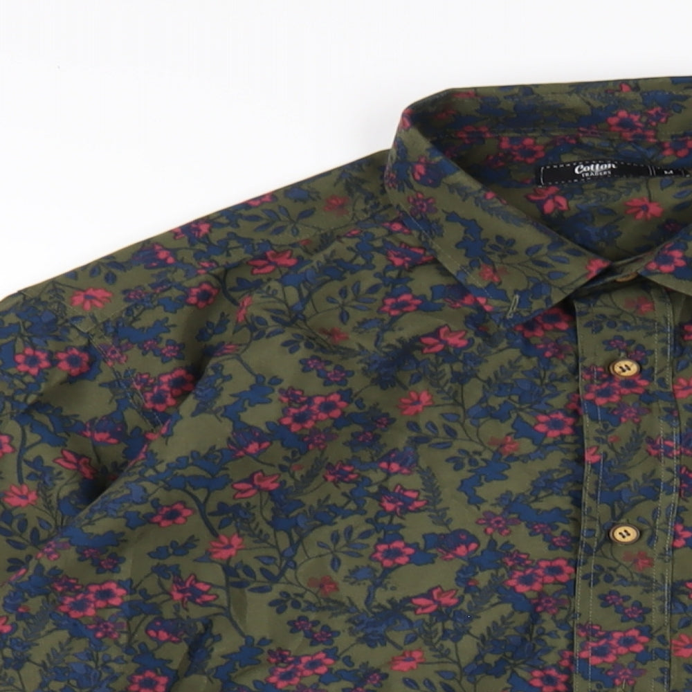 Cotton Traders Mens Green Floral Polyester Button-Up Size M Collared Button